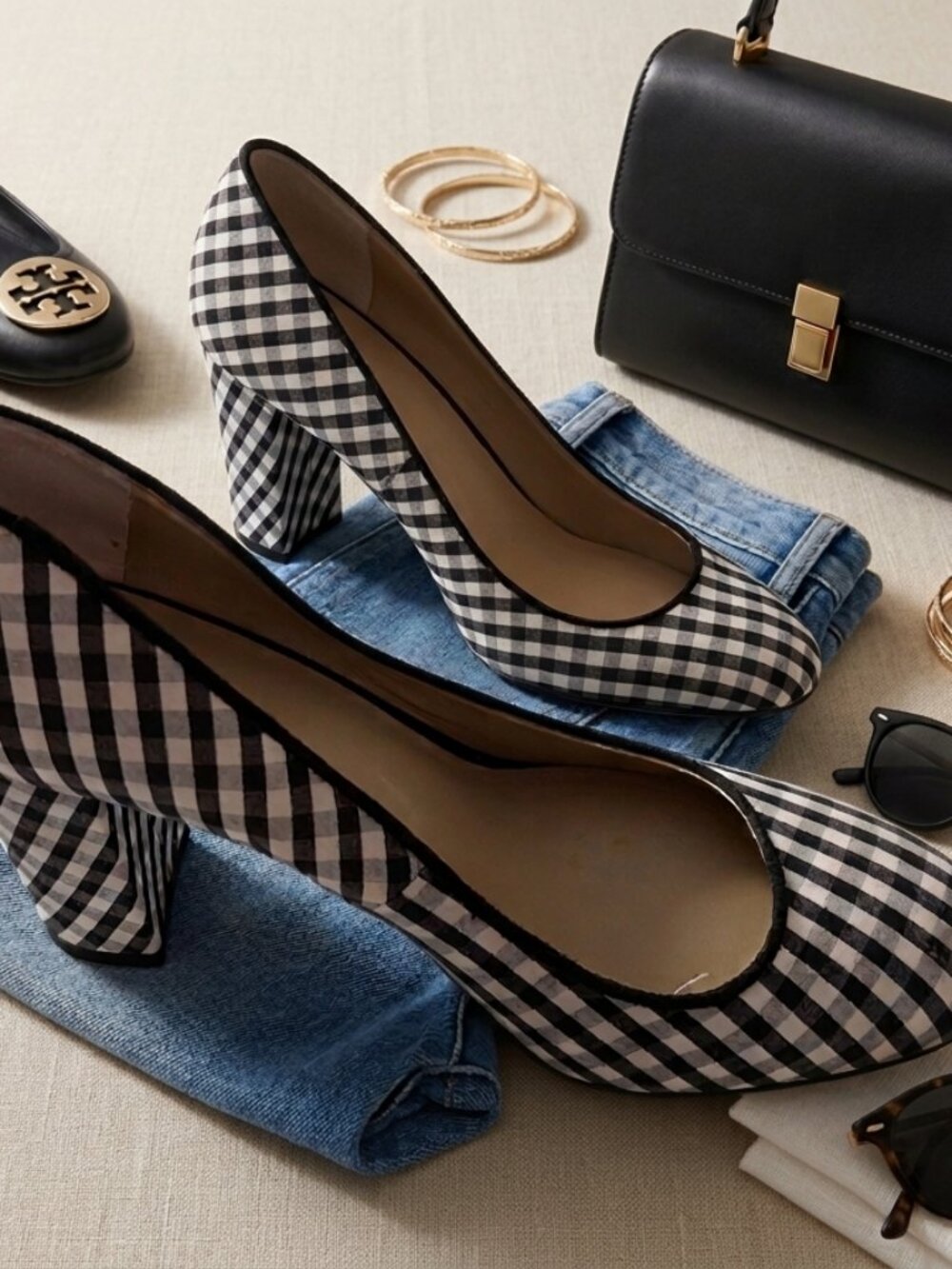Ann Taylor Black White Gingham Block Heel Round Toe Pumps